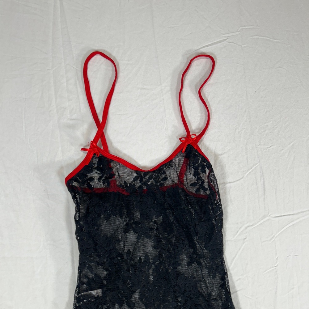 Leg Avenue Black Floral Lace Chemise Red Trim Bows One Size - Picture 2 of 10